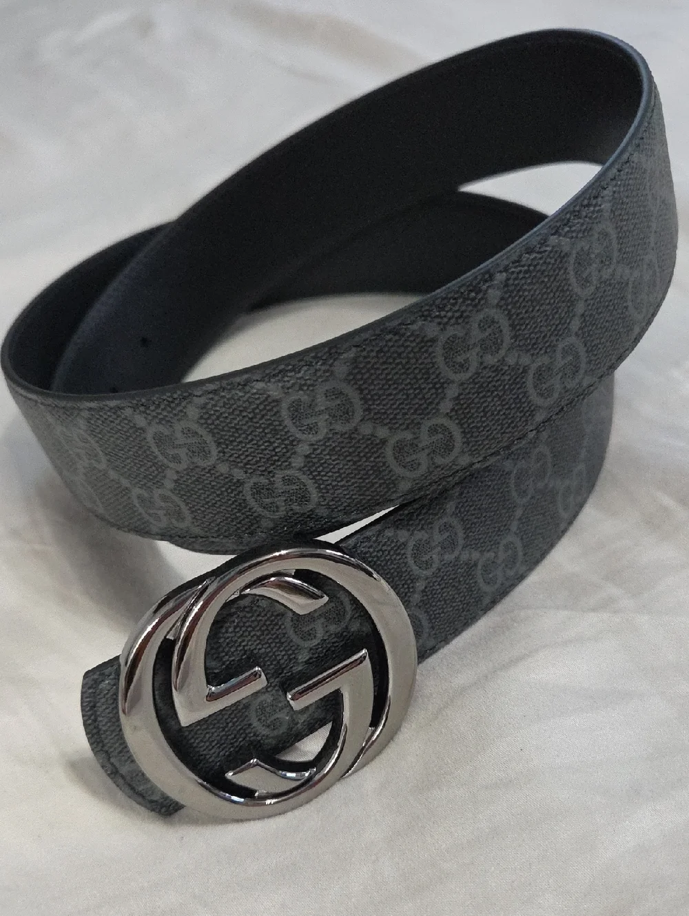 Gucci Reversible Gray Monogram GG Leather Belt with Silver Double G Buckle